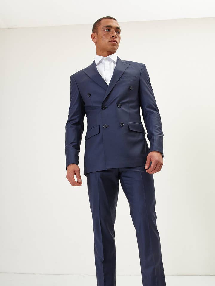 Men's Super 120S Merino Wool Double Breasted Suit-Solid Navy for wholesale on Faire