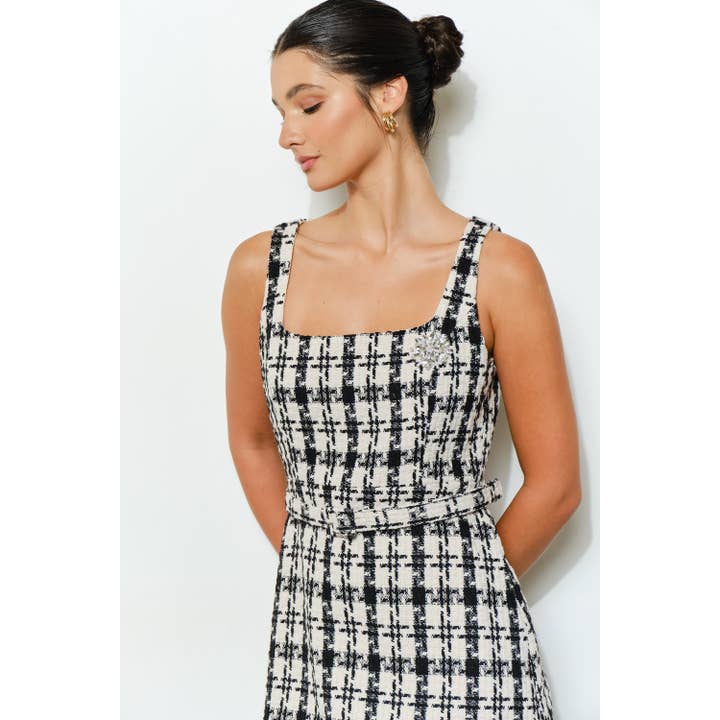 INA - Wholesale Dress - Women's - Check Tweed Brooch Detail Belted Mini Dress15
