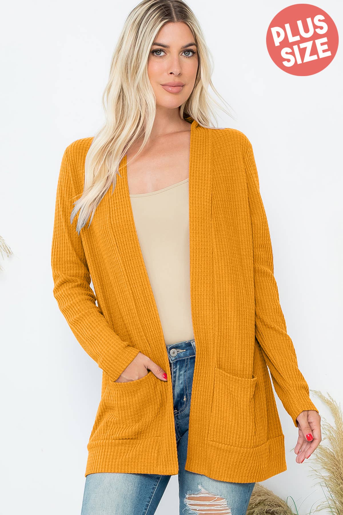 You & Me - Wholesale Cardigan - Women's - PLUS SIZE BRUSHED WAFFLE LONG SLEEVE SIDE POCKET OPEN FRONT15