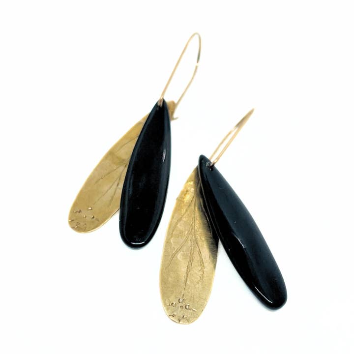 Black Obsidian and Brass Drop Earrings for wholesale by TRACI MOYO DESIGNS