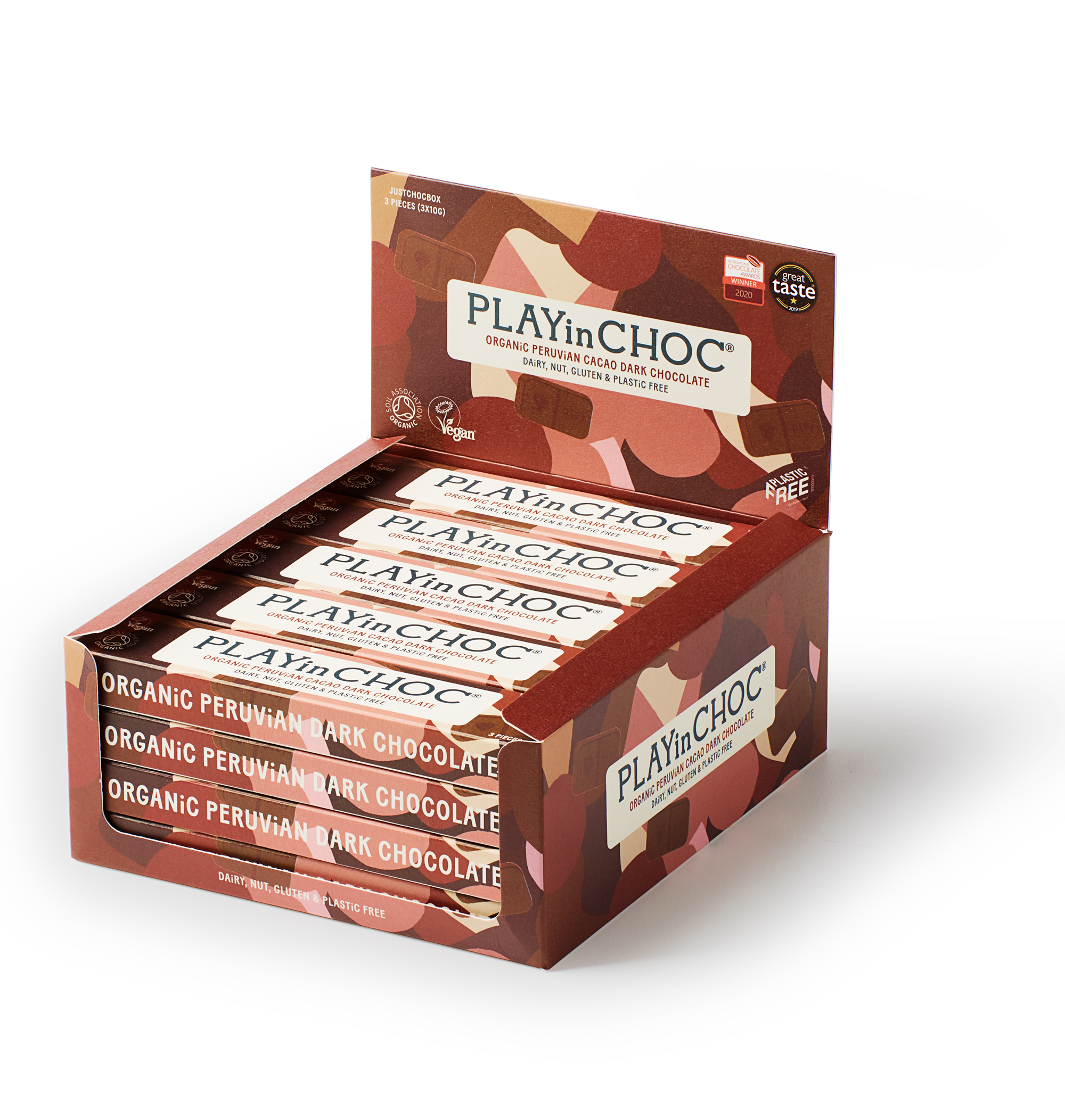 PLAYin CHOC – Caixa de chocolate por atacado – Caixa JustChoc com 3 Chocolates Orgânicos de Cacau Peruano Amargo 30g2