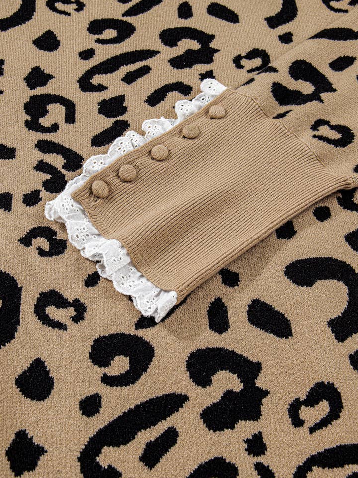 Brown LALALOO Plus Size Leopard Lace Trim Long Sleeve Sweater for wholesale on Faire6