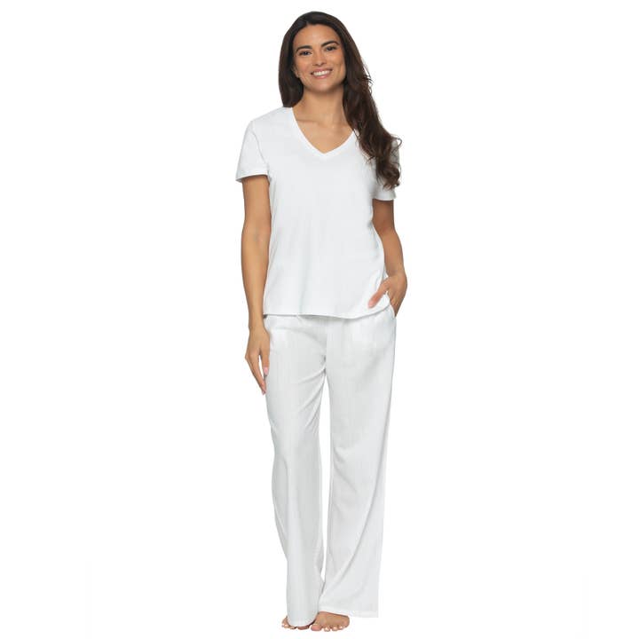 Mirielle Cotton Twill S/S V-neck and Pant PJ Set - White for wholesale on Faire