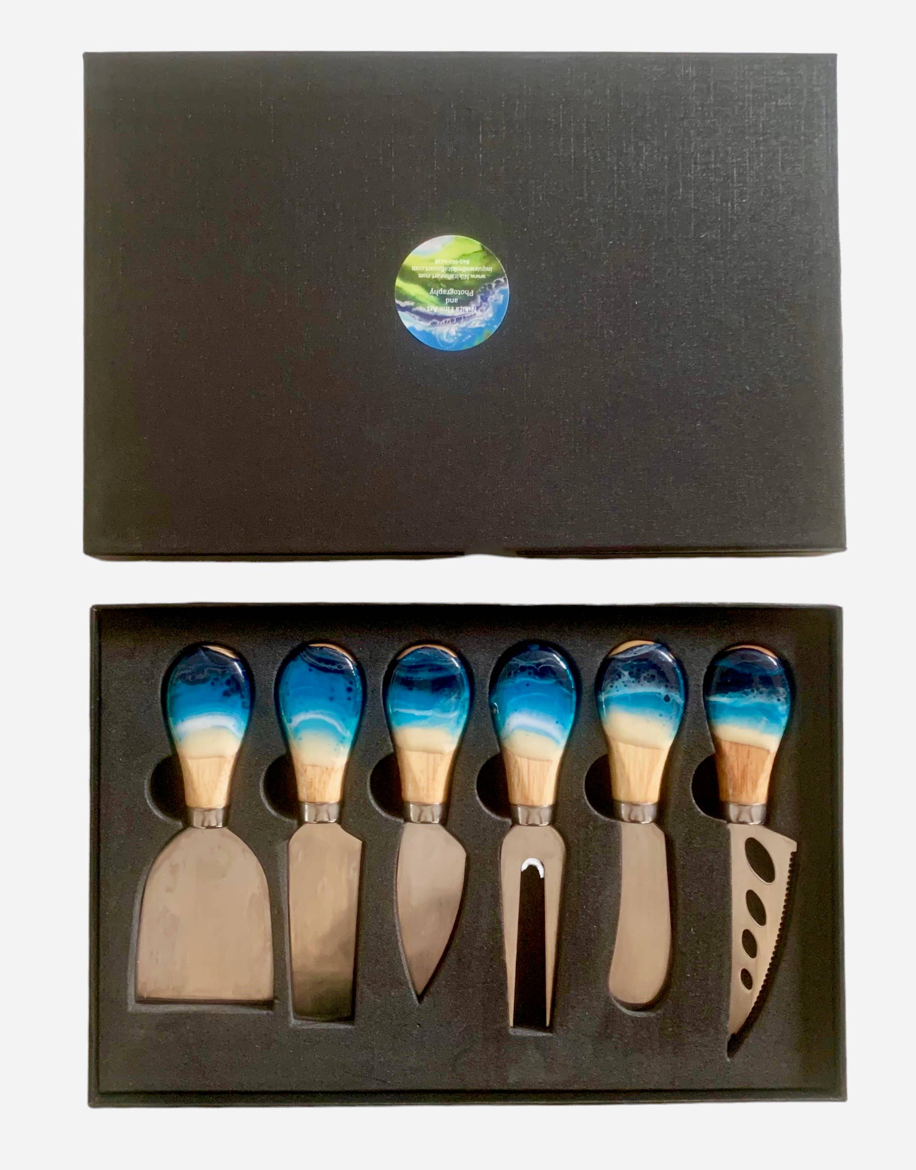 Nikita Fine Art LLC - Wholesale Kitchen Utensil Set - Cheese Utensil Set of 6 with black box organic resin1
