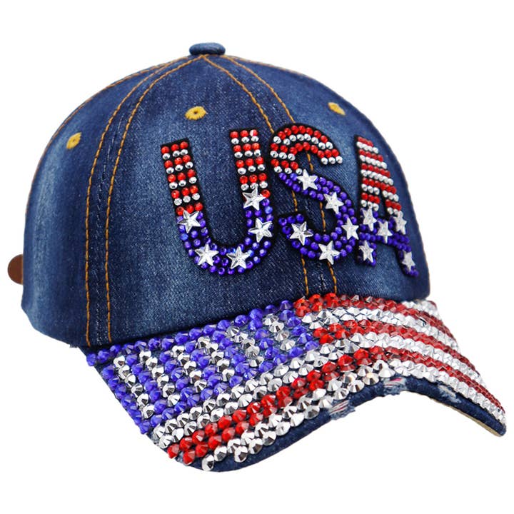 Cap Zone - Wholesale Baseball Cap - Women's - USA American Flag Bling Rhinestone Denim Cap