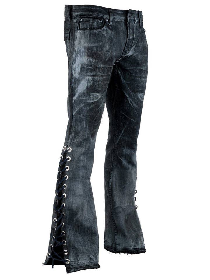 Blå Tvättade sidan snörning utsvängda jeans för wholesale på Faire