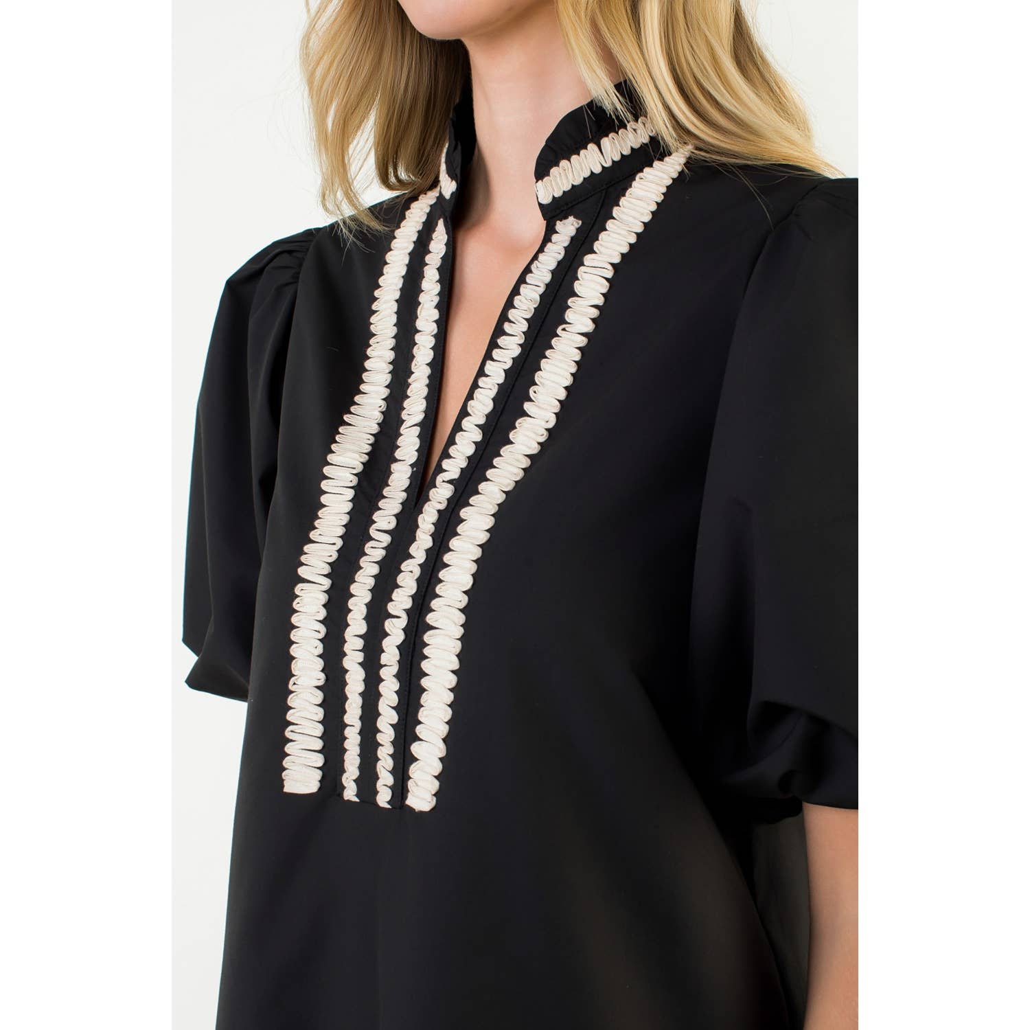 BLACK Puff Sleeve Embroidered Textured Dress for wholesale on Faire3