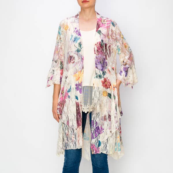 Boho Inspired Lace Duster With Bell Sleeves - U052 BG-PURPLE FL for wholesale by Origami Apparel ~  Lace and Crochet inspired