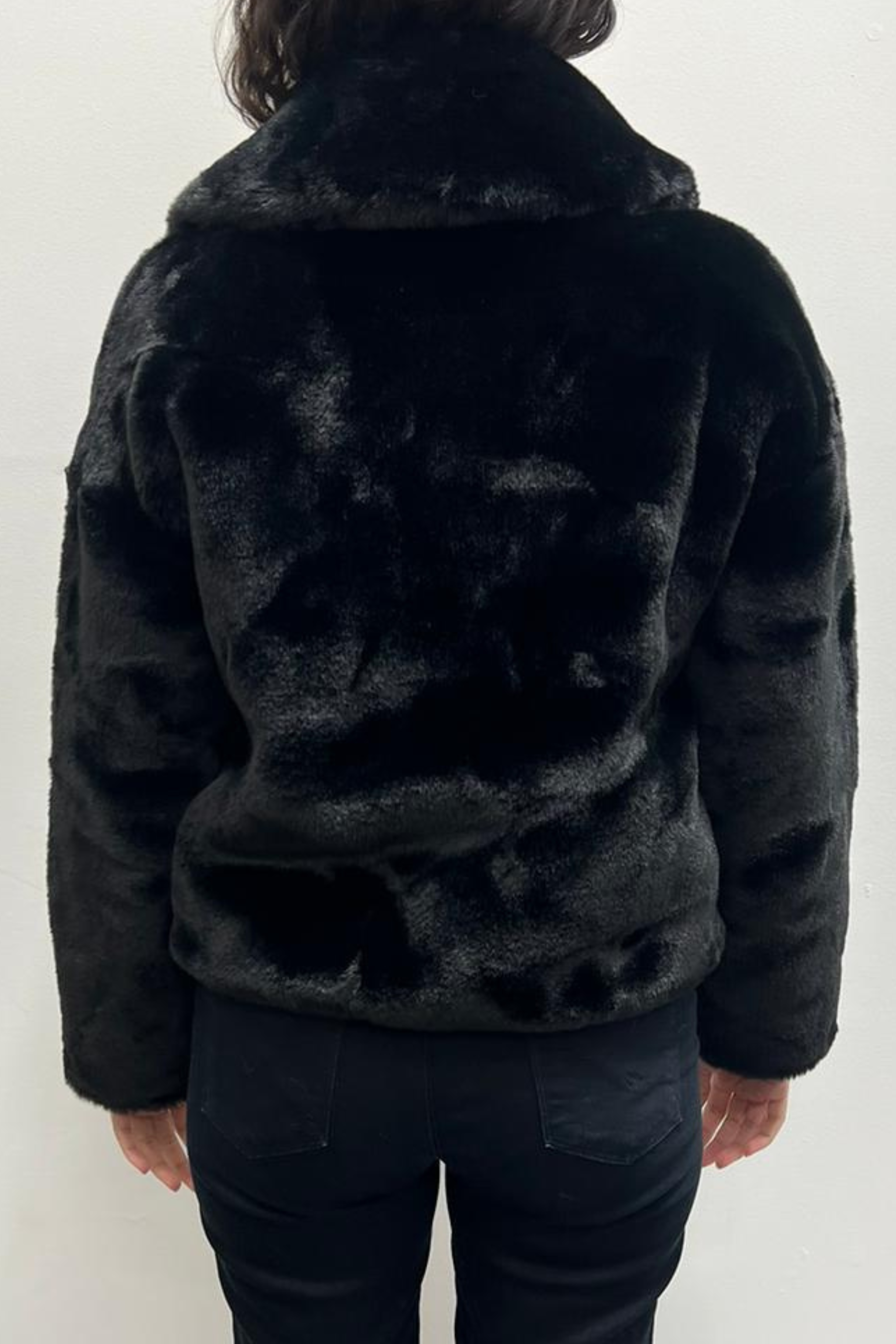 BLACK Love Token Cropped Faux Fur Coat for wholesale on Faire3