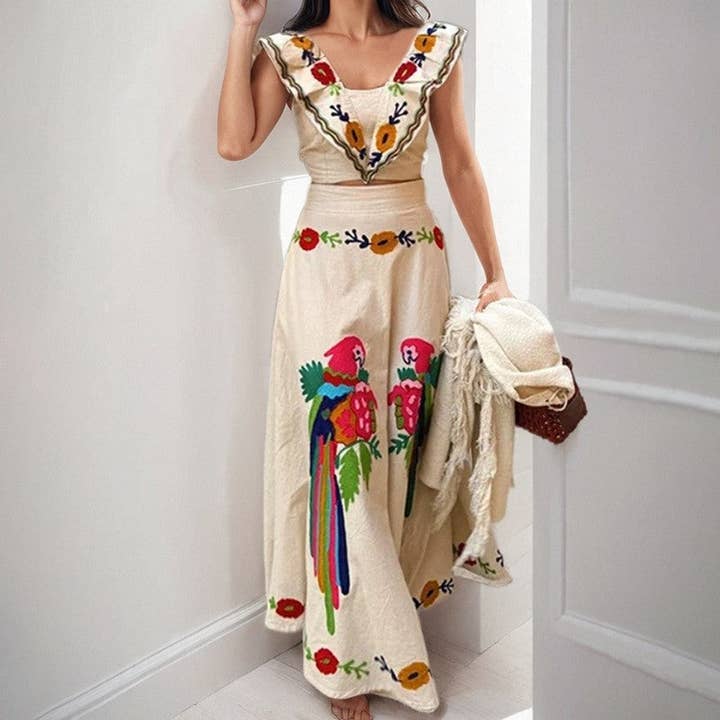 Ærmeløs blomstret top og nederdel sæt med flæsekant for engroshandel hos Sheer Trend