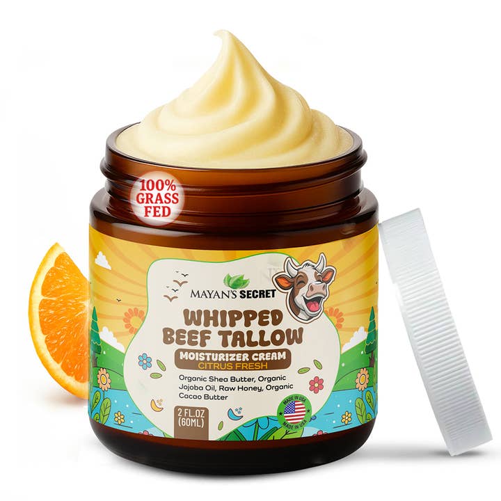 Secret de Mayan : Suif de Bœuf pour la Peau – Crème Hydratante Fouettée – 100% Nourri à l'Herbe avec Huile de Jojoba Bio, Beurre de Karité, Beurre de Cacao, Miel Brut – Fabriqué aux États-Unis, Pot en Verre Ambré. 2 Onces pour la vente par Mayans Secret