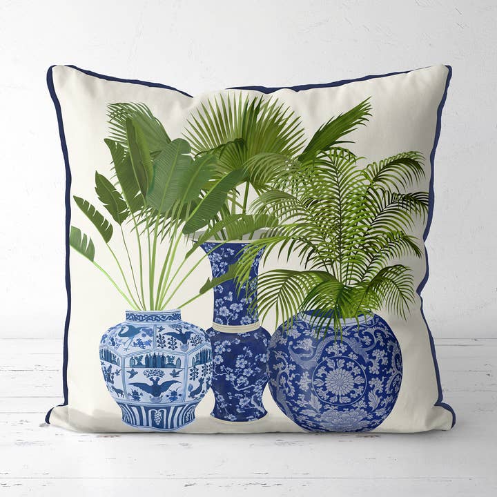FabFunky Ltd - Wholesale Throw/Decorative Pillow - Chinoiserie Vase Trio 4 Green Palm leaf pillow patio cushion0
