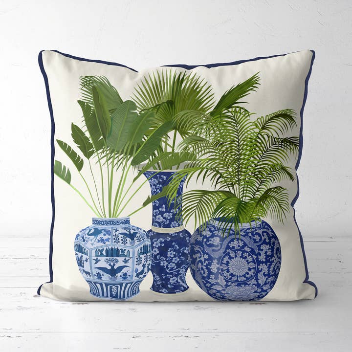 FabFunky Ltd – Großhandel Zierkissen – Chinoiserie Vase Trio 4 Kissen mit grünem Palmenblatt und Terrassenkissen