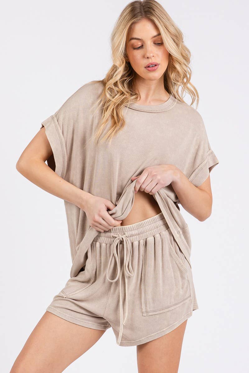 Sewn and Seen - Wholesale Lounge Set - Women's - MINERAL WASHED TOP AND SHORTS RIB SET 8