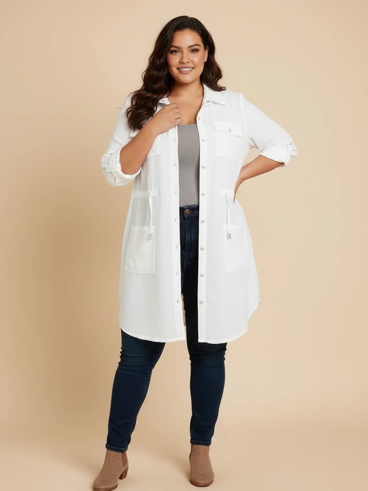 Vit klänning-kavaj i stora storlekar (C6525) för wholesale av Pomme Rouge Paris