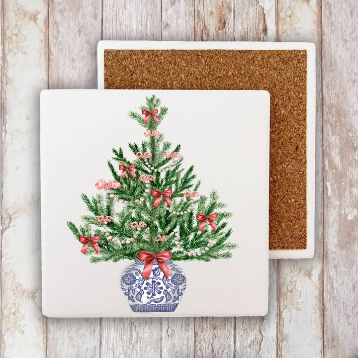 Chinoiserie Christmas Tree Stone Coaster for wholesale by Avery Lane Gifts