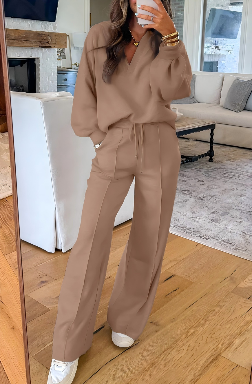 FULL TIME PURCHASE - Vente Ensemble de vêtements d'intérieur – femme - Ensemble de pull à col polo en V et pantalon de survêtement à cordon de serrage17