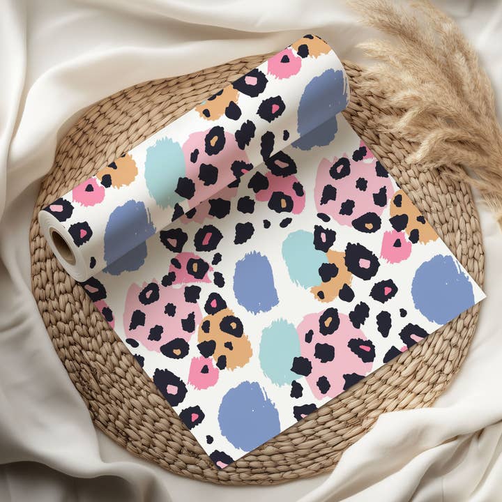 House of Binky - Wholesale Flat Wrap - Pastel Leopard Print Wrapping Paper – Colourful Brush Stroke Gift Wrap in Pink, Blue & Mustard Spots