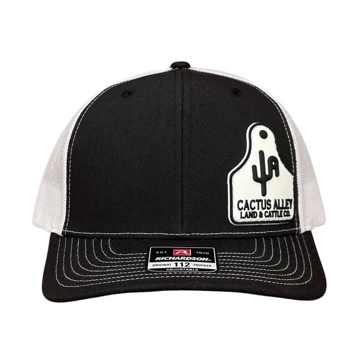 PVC "Ear Tag CA land & Cattle" - Richardson 112 Black/White Mesh, Snapback Cap (WESA JAN 2024) for wholesale by Cactus Alley Hat Co.