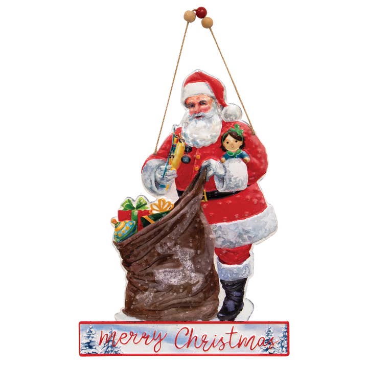 The Hearthside Collection – Großhandel Weihnachtsschmuck – Fröhliche Weihnachten Vintage Santa & Sein Sack Verwittertes Metall Ha