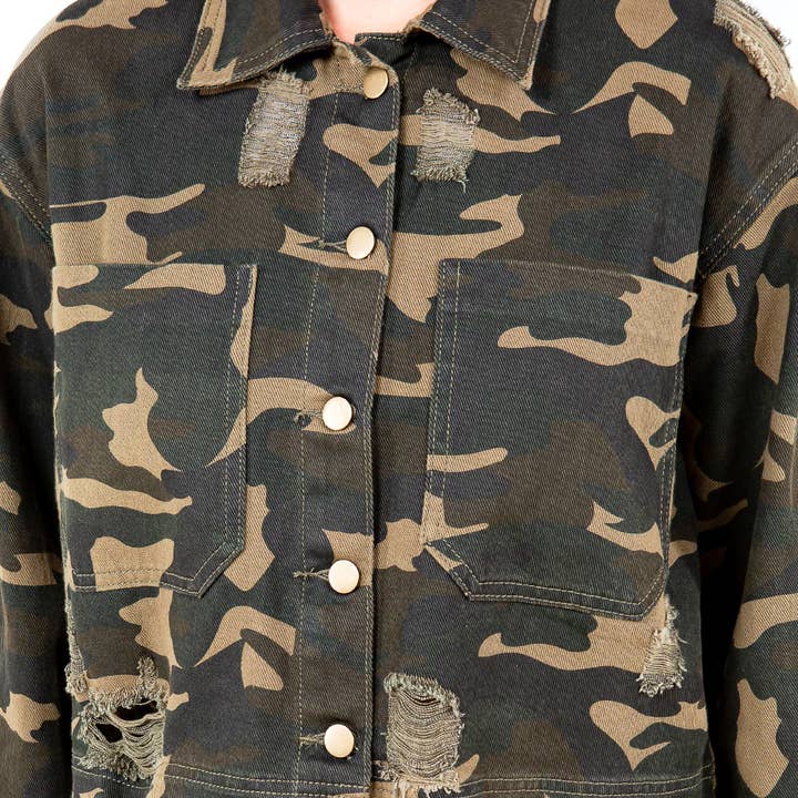 GREEN CAMO CAMOUFLAGE DISTRESSED CROPPED JACKET-RJK30777CM for wholesale on Faire3