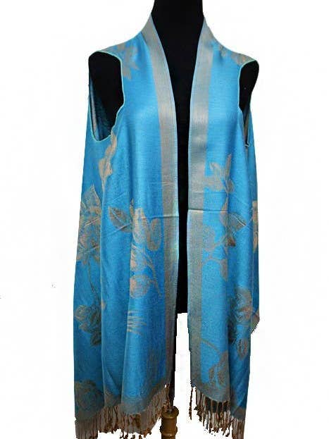 Rose Floral Silky Pashmina Fringe Vest for wholesale by Cap Zone