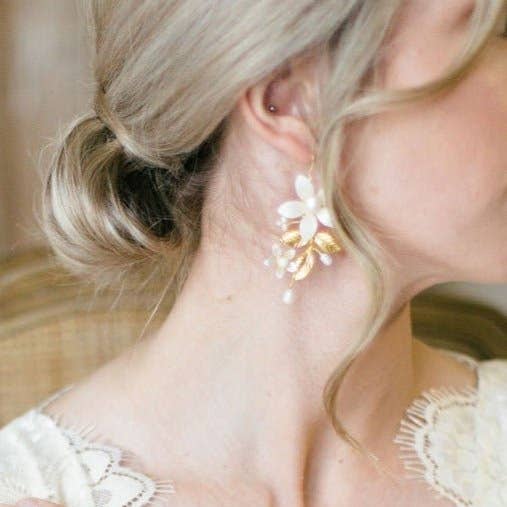 Miss Foxine Couture - Wholesale Dangle Earrings - Evanthe Floral Bridal Earrings with Freshwater Pearls and Enamel3