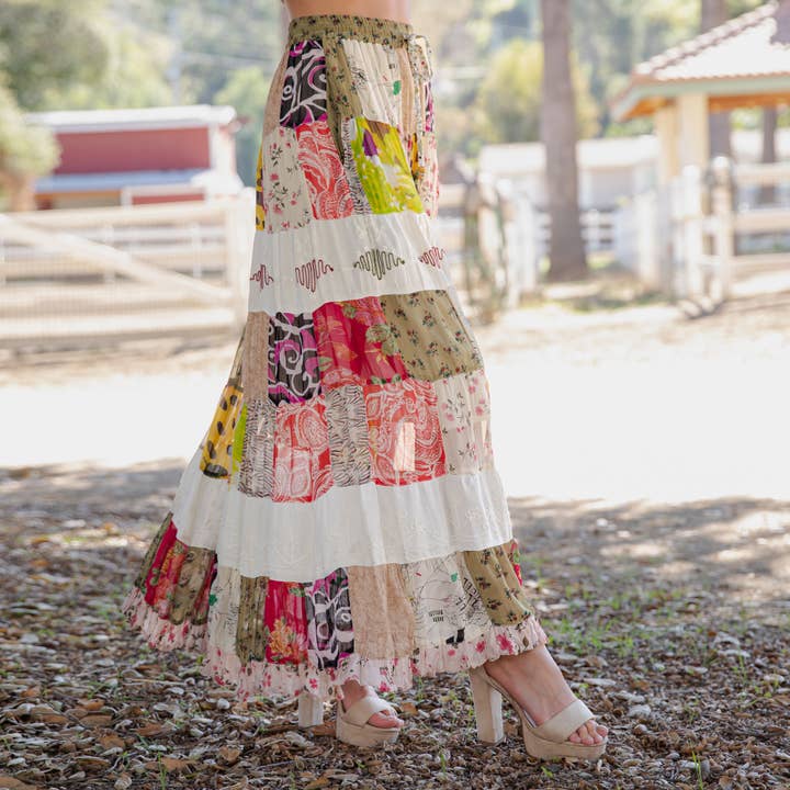 Young Threads - Wholesale Skirt - Women's - Artisan Boho Mixed Print Tiered Patchwork Maxi Skirt (NEW)11
