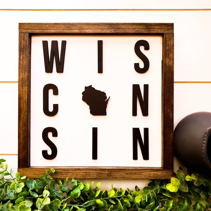 Rustic Wisconsin Sign | Wood Framed State Sign for wholesale by The Farmer's Wife