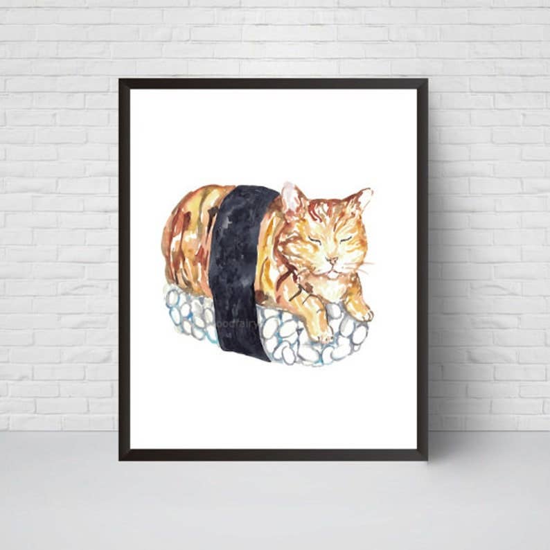 Goodfairyart - Venta al por mayor Ilustración - Póster de pared de cocina pintura gato sushi acuarela1