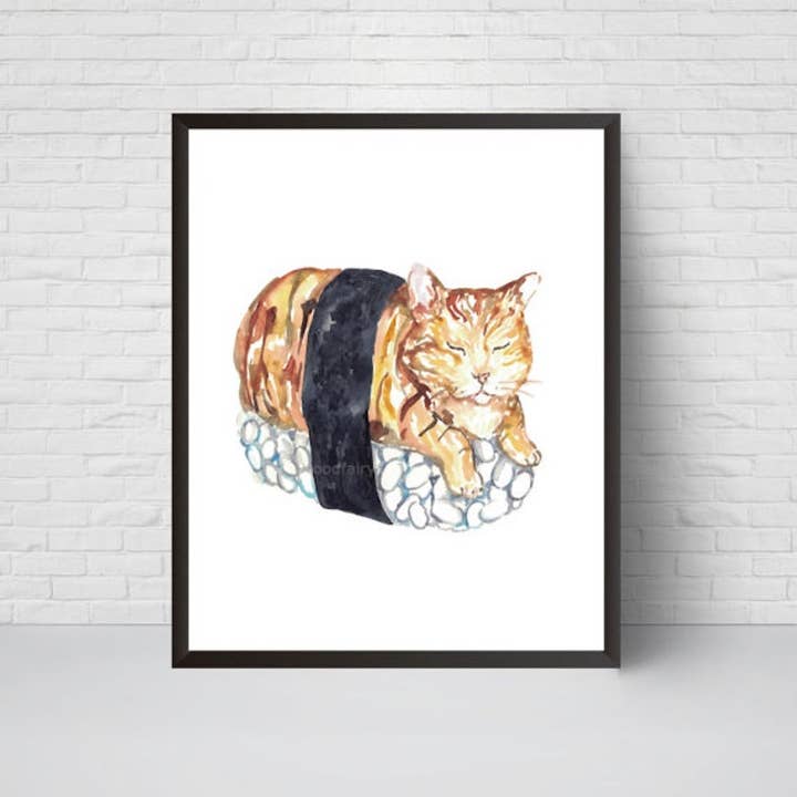 Goodfairyart - Venta al por mayor Ilustración - Póster de pared de cocina pintura gato sushi acuarela1