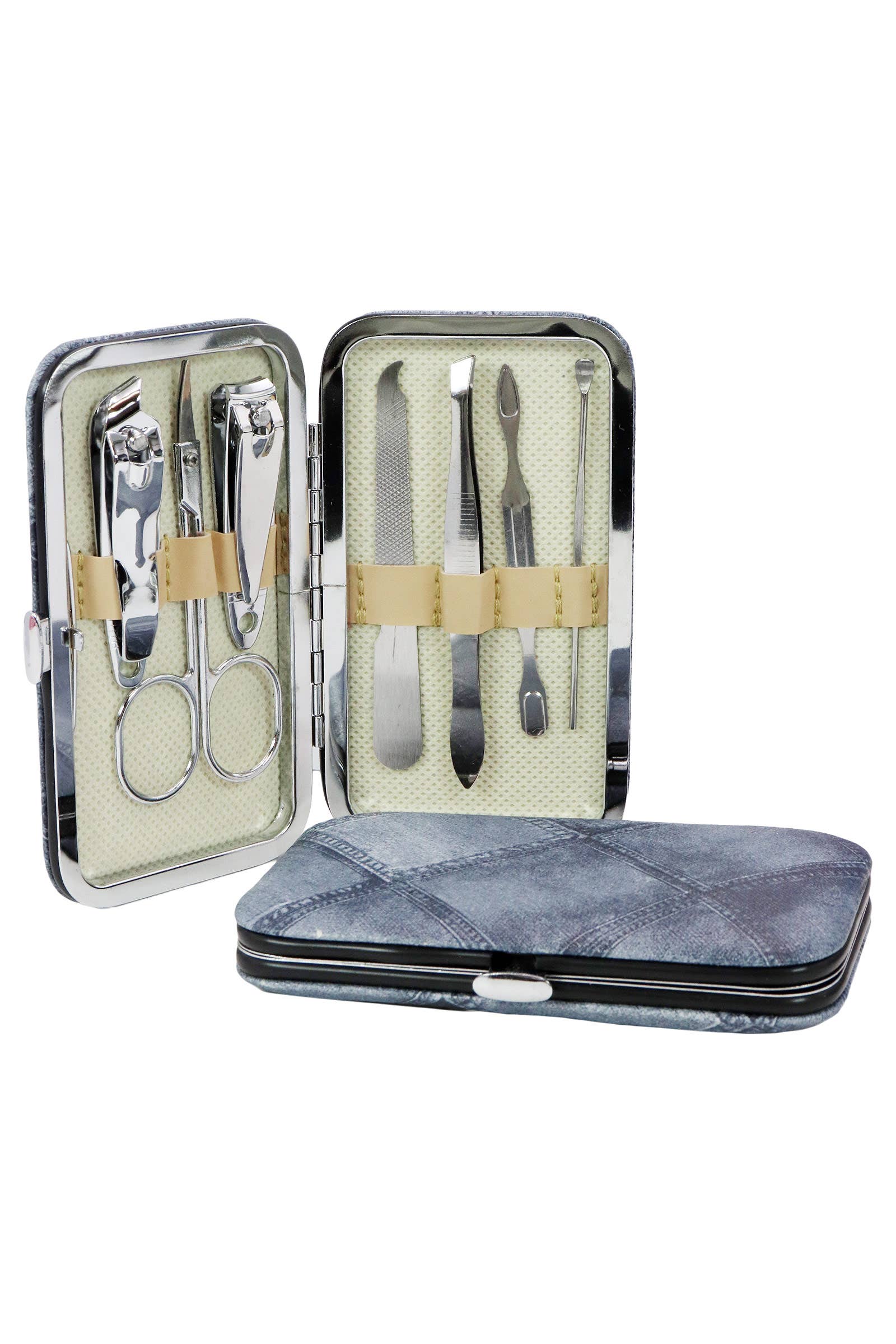 ASSORTED Mock Denim Vegan Leather 7 Pcs Nailcare Kit for wholesale on Faire4