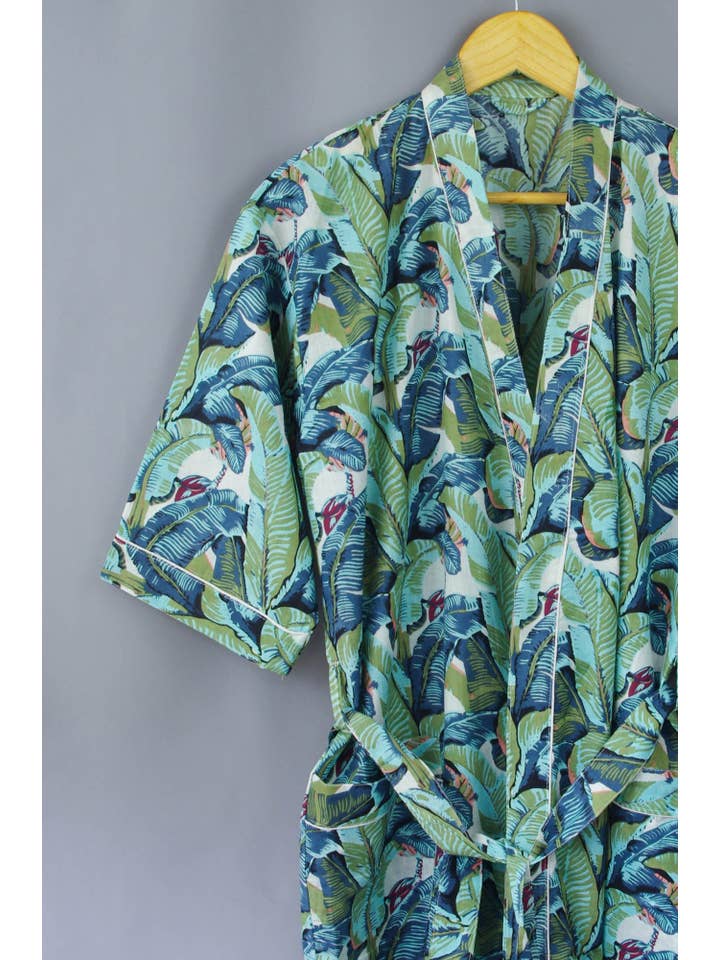 Kantha Decor – Großhandel Bademantel – Damen – Kimono-Morgenmantel aus Baumwolle, grüne Bananenblätter