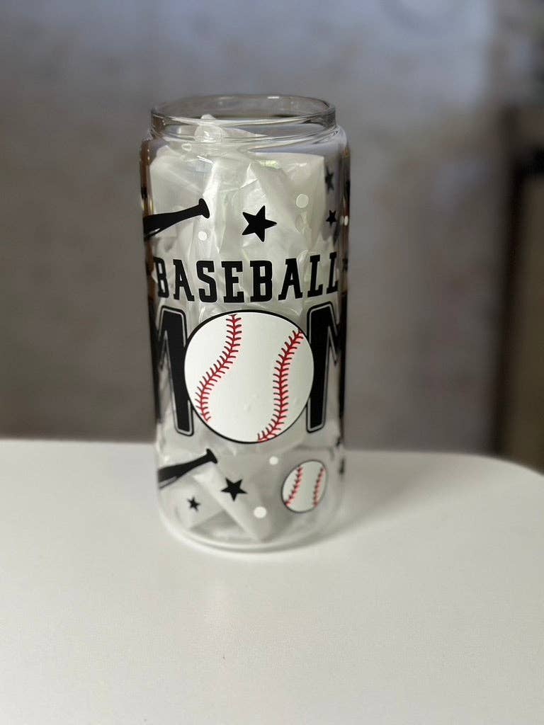 SKS Design Studio - Wholesale Drinking Glass/Cup - Baseball Mom | UVDTF | 20 oz Libbey Can Glass with Bamboo Lid & Straw1