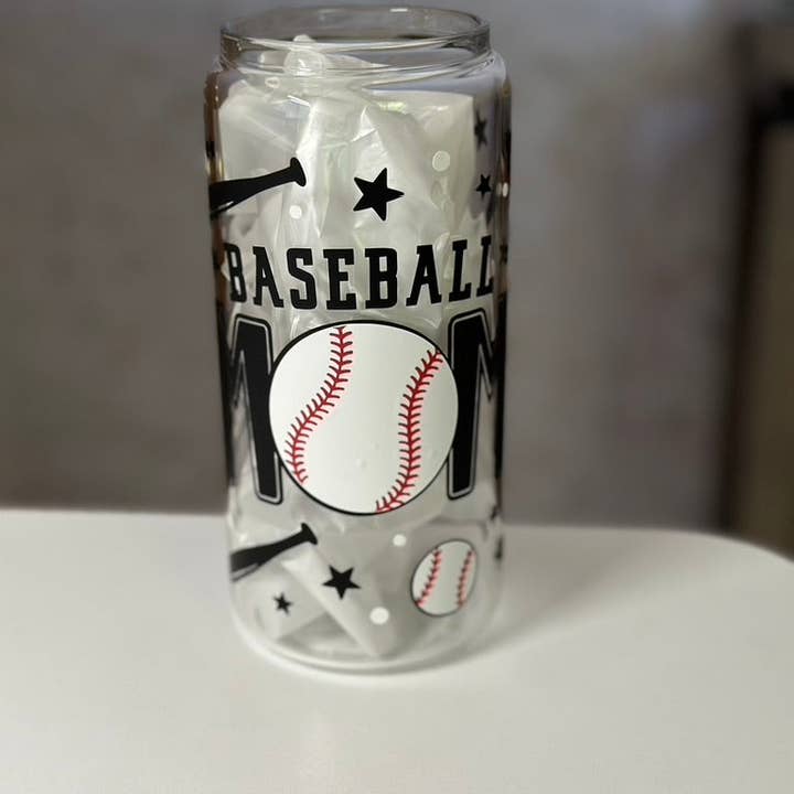 SKS Design Studio - Wholesale Drinking Glass/Cup - Baseball Mom | UVDTF | 20 oz Libbey Can Glass with Bamboo Lid & Straw1