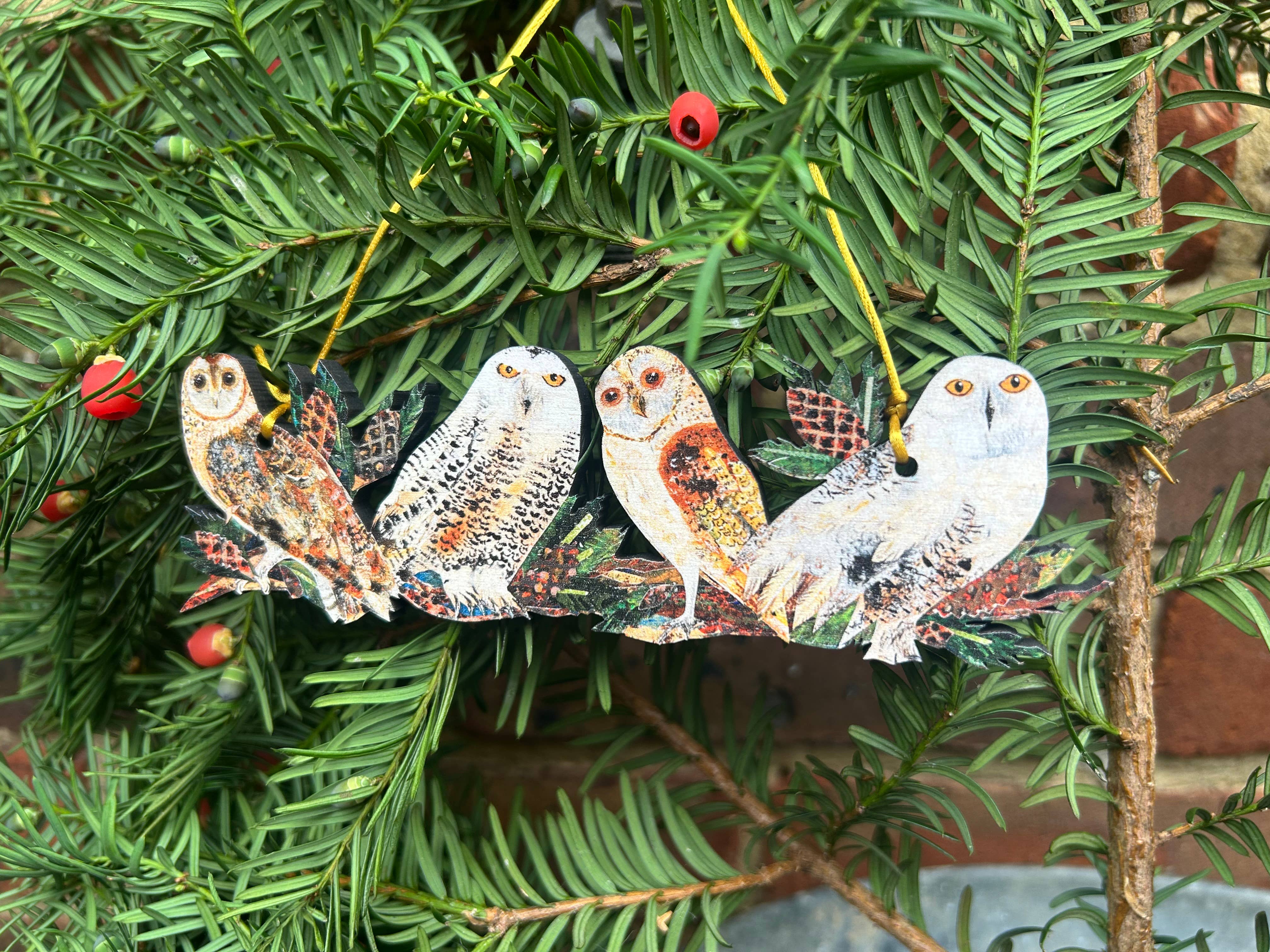 Clare O’Neill Artworks – wholesale Ornament – Winter Owls on a branch birch plywood decoration 2