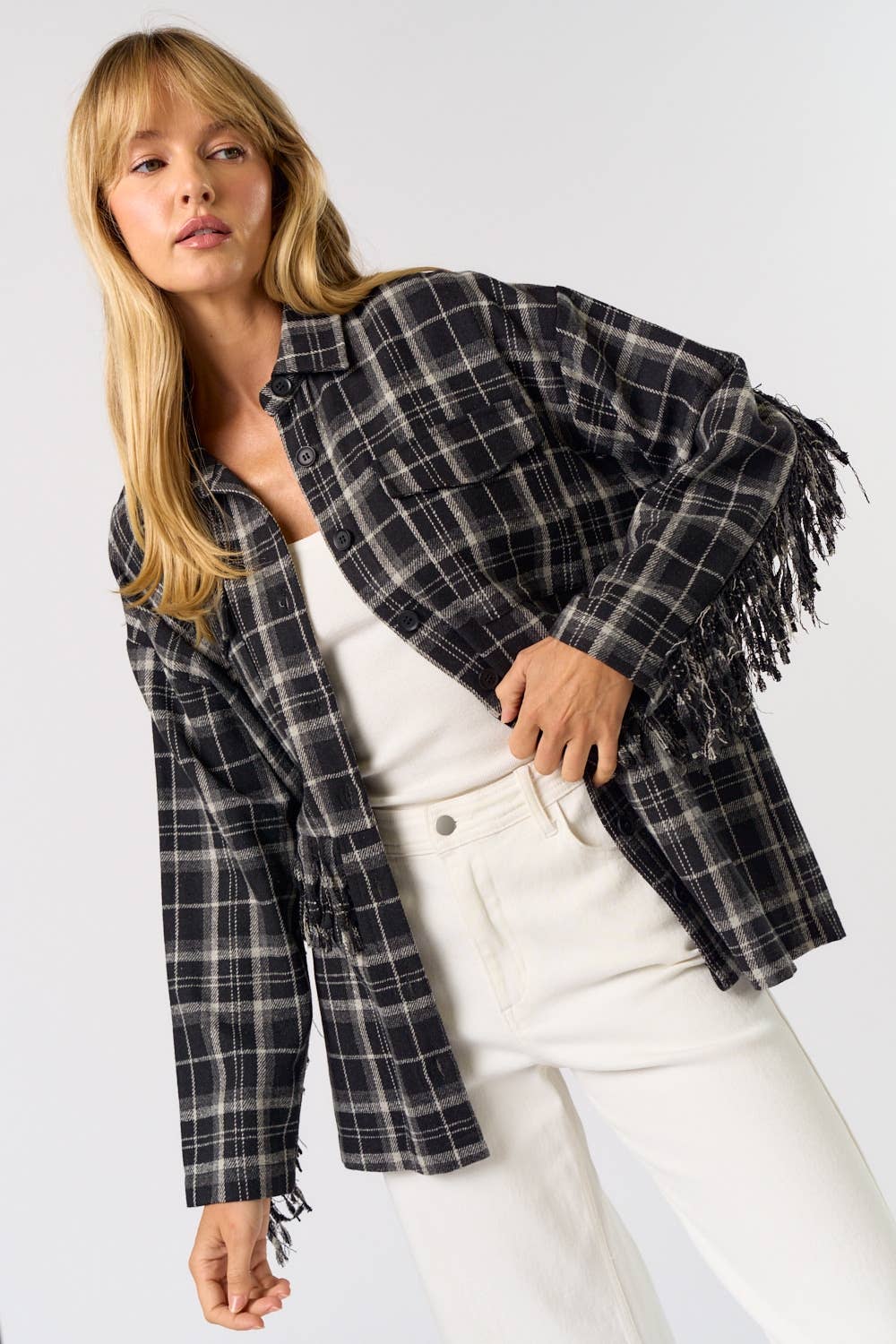 Lalavon - Wholesale Button Down Shirt - Women's - ILT1505 Plaid button up w/ fringe detail4