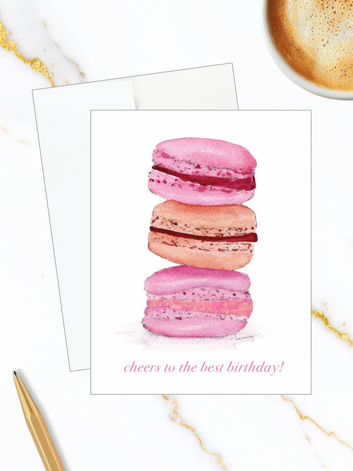 Pink Macaron Birthday Card for wholesale by Channing Gibb Art