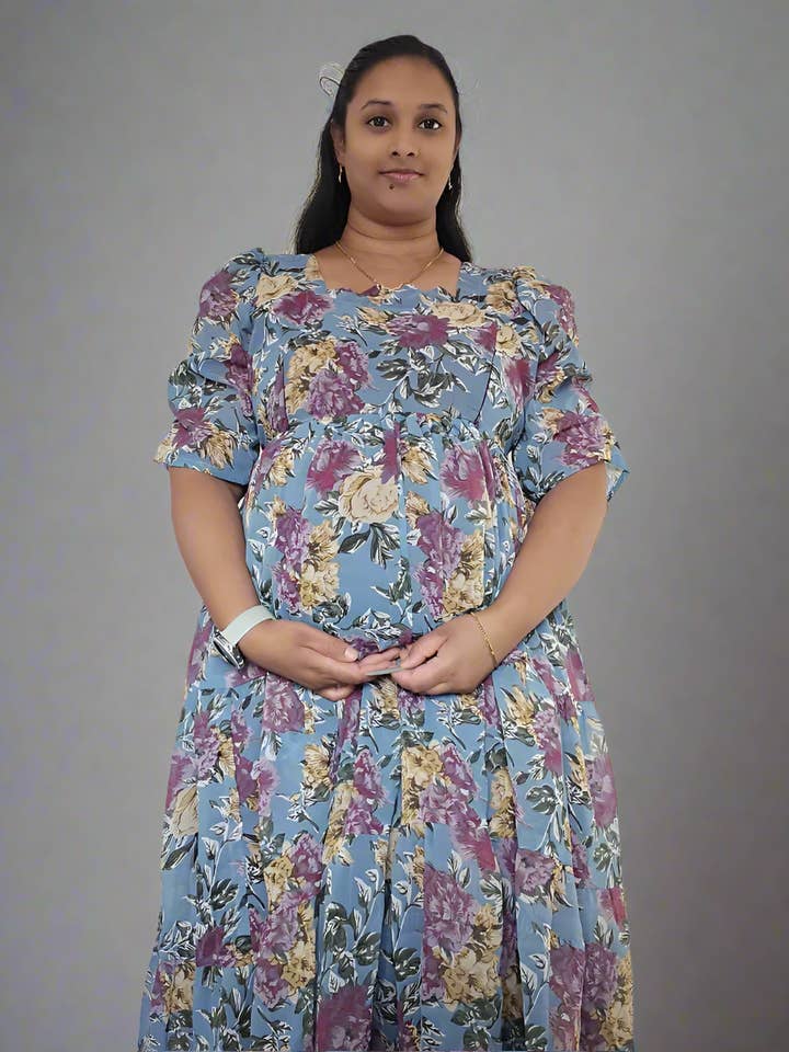Sky Blue with Purple & Gold Roses Maxi Dress for wholesale by Mamma | Maternity & Nursing Wear