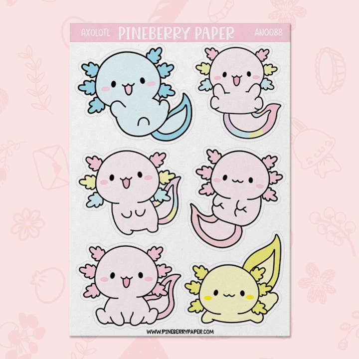 Folha de Autocolantes de Axolote por atacado de Pineberry Paper