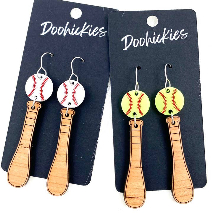 3" Bat & Ball Dangles -Sports Earrings for wholesale by Doohickies