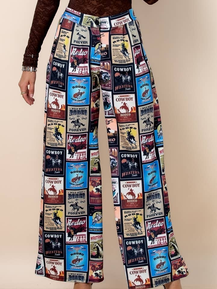 P1261-6433B-Western Blue Rodeo Horse Stamp Print Pants for wholesale by Nylon Apparel