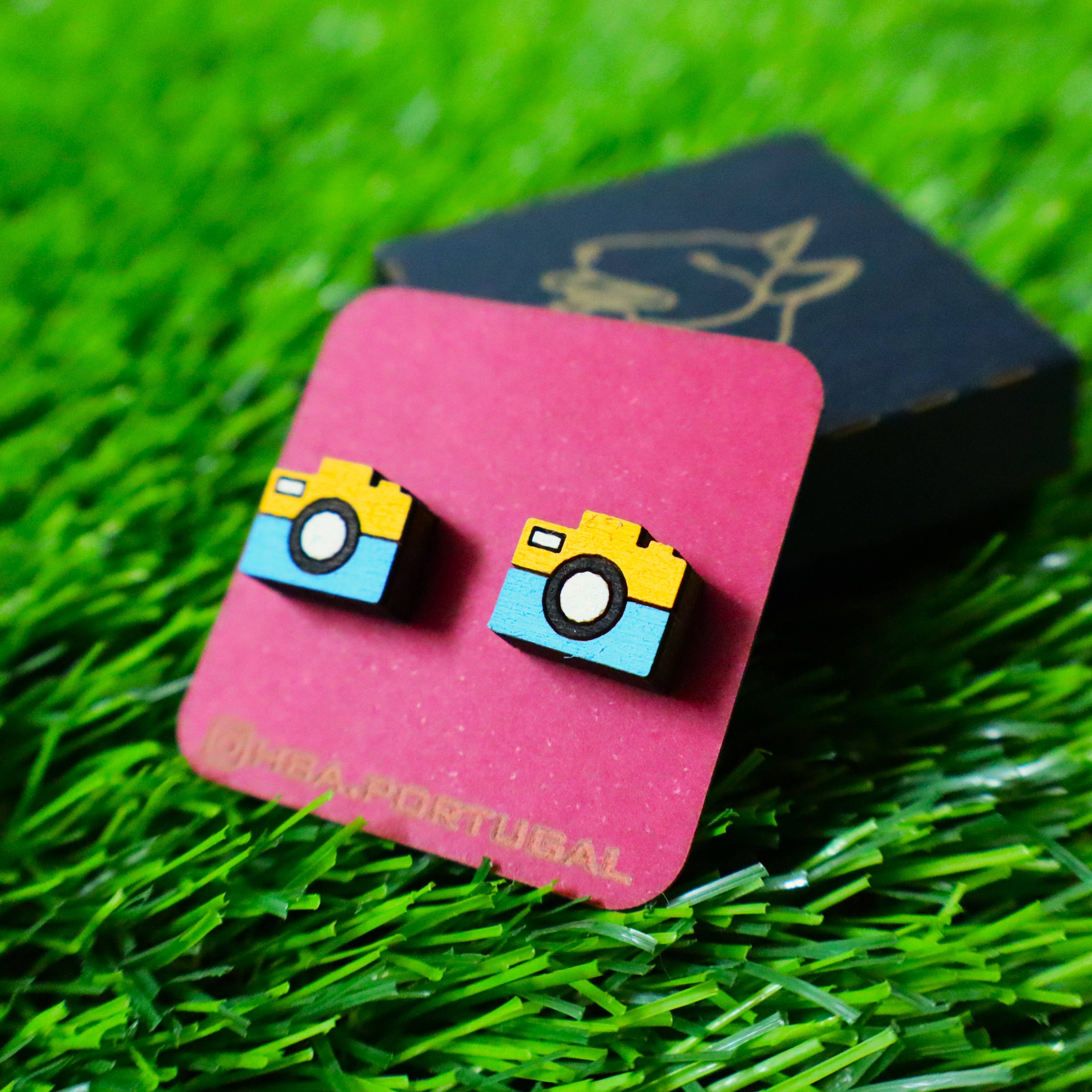 Herbs&Belles - Wholesale Stud/Post Earrings - Wooden Colorful Photographic Camera Earrings, Handmade Jewel0