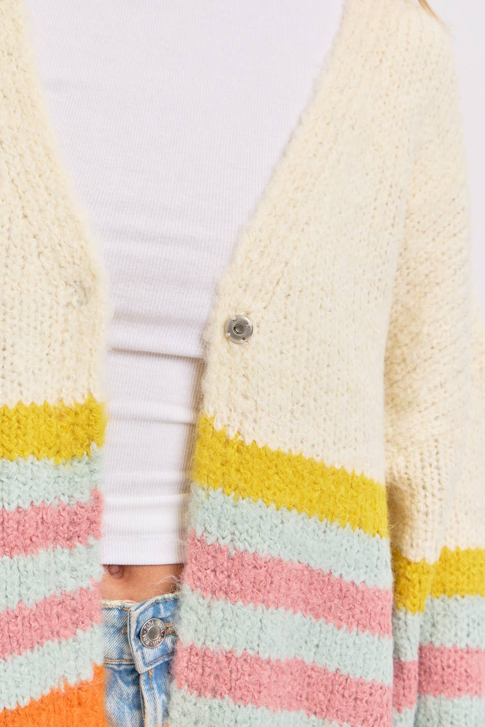 CRÈME MULTI CARDIGAN EN MAILLE SOUPLE À RAYURES MULTIPLES SUPER DOUX en vente sur Faire11