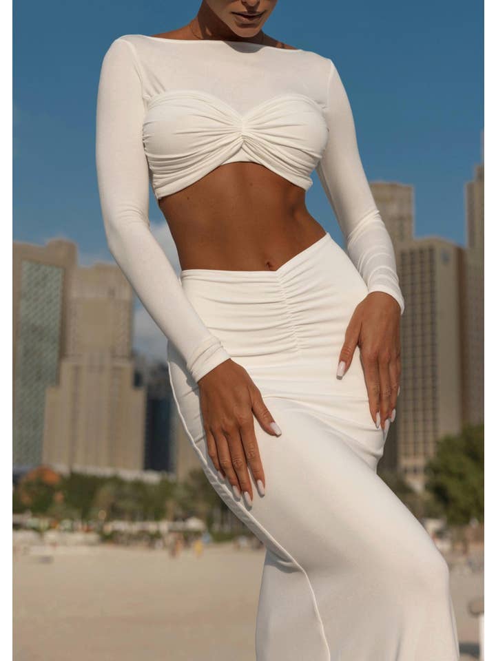 Hvid Elegant ShirRed Maxi Nederdel & Crop Top Sæt - Hvid for engroshandel på Faire