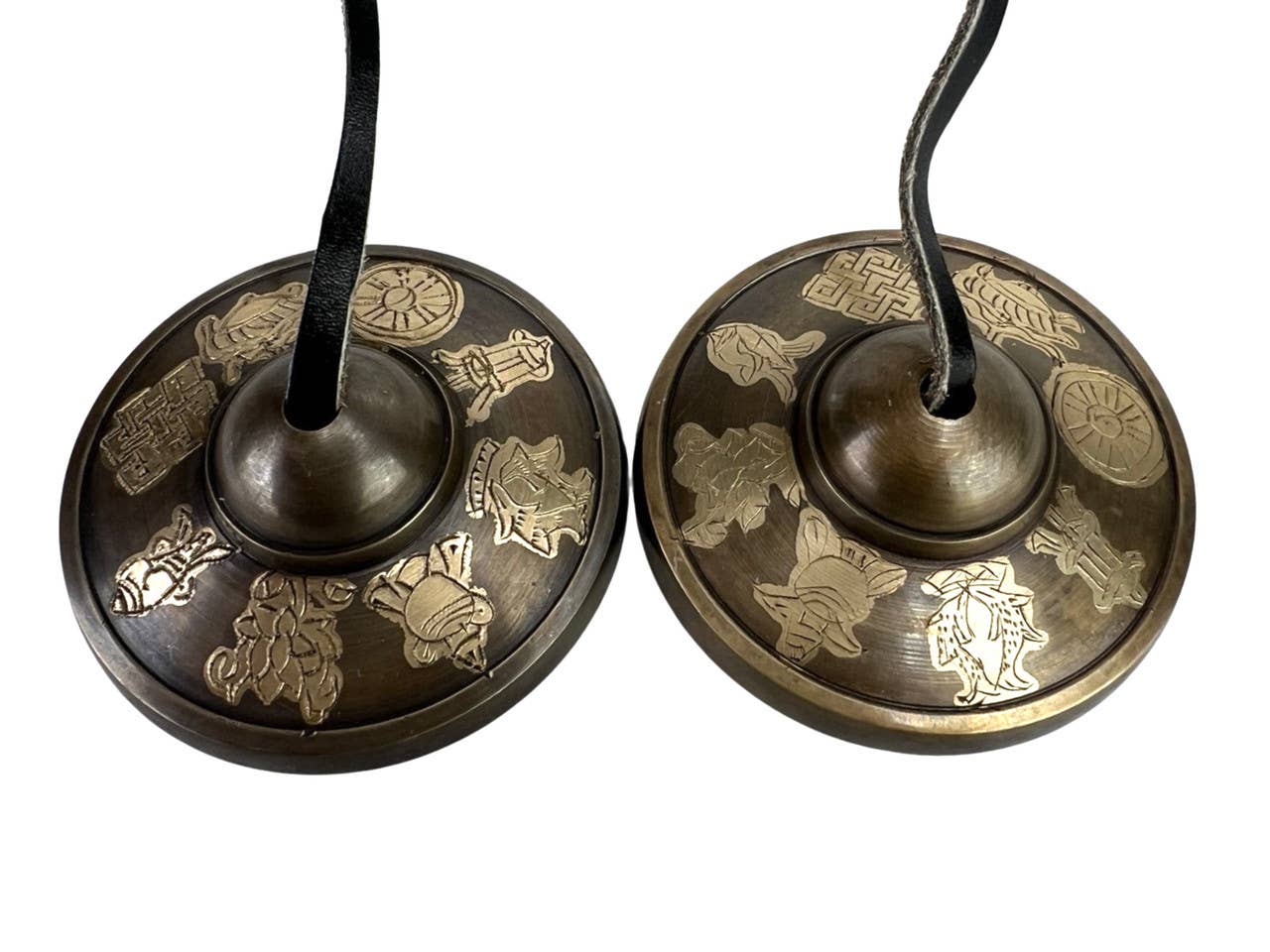 HK Higher Knowing - Wholesale Meditation Supplies - Premium Engraved Auspicious Symbol Tibetan Hand Tingsha Cymb0