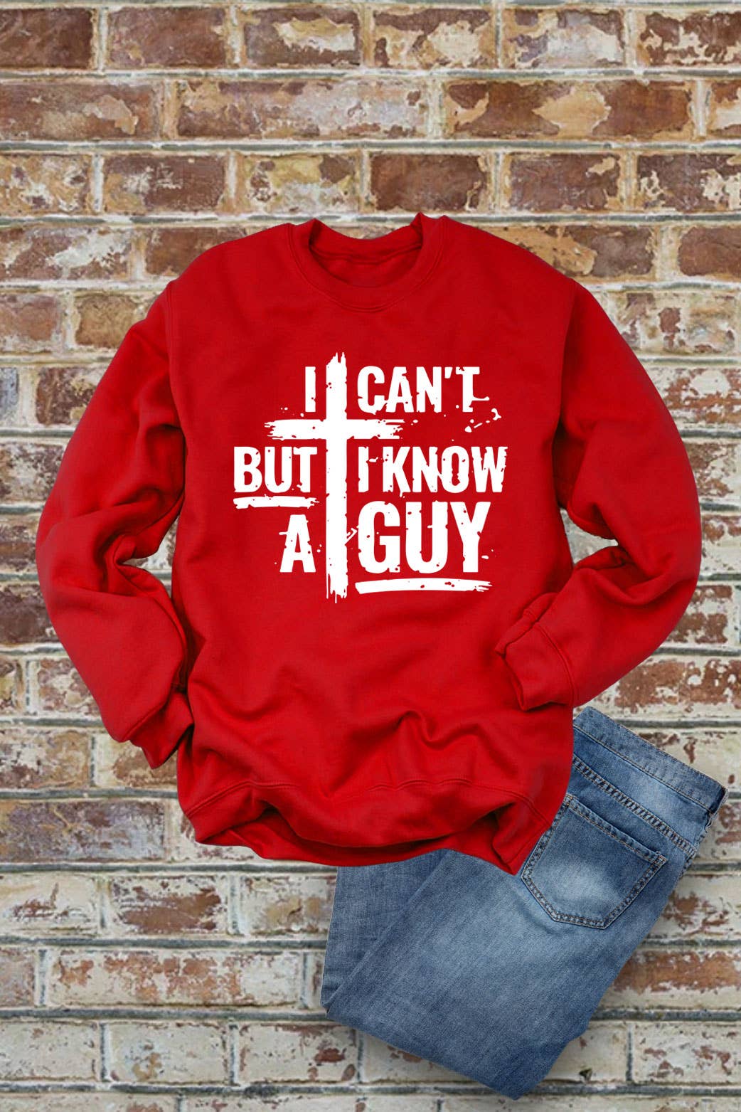 Top Avenue - Wholesale Graphic Sweatshirt - Women's - I Cant But I Know A Guy Distressed Cross, Unisex Crewneck Sweatshirt3