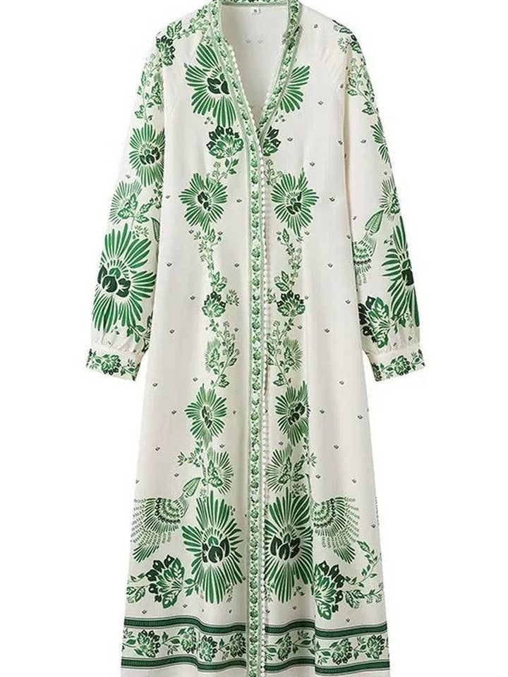 GREEN CWDMD4143_V-NECK LANTERN SLEEVE PRINTED LONG DRESS for wholesale on Faire4