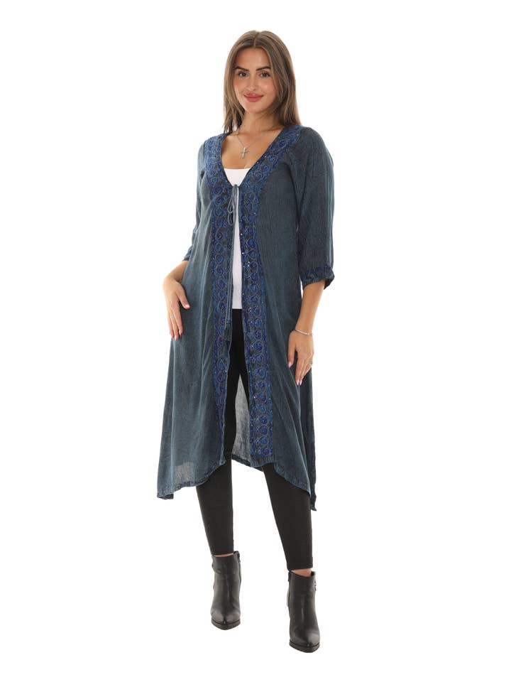 Shoreline Wear. INC - Wholesale Kimono - Women's - Sequin-Accent Embroidered Three-Quarter Sleeve Duster