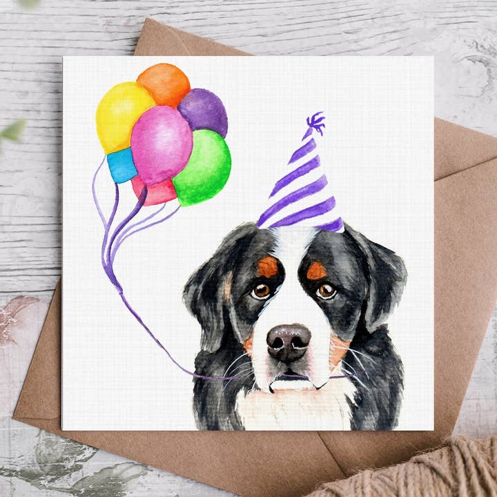 Bernese Mountain Dog Holding Rainbow Balloons BMD for wholesale by Cloud Jellybean Art